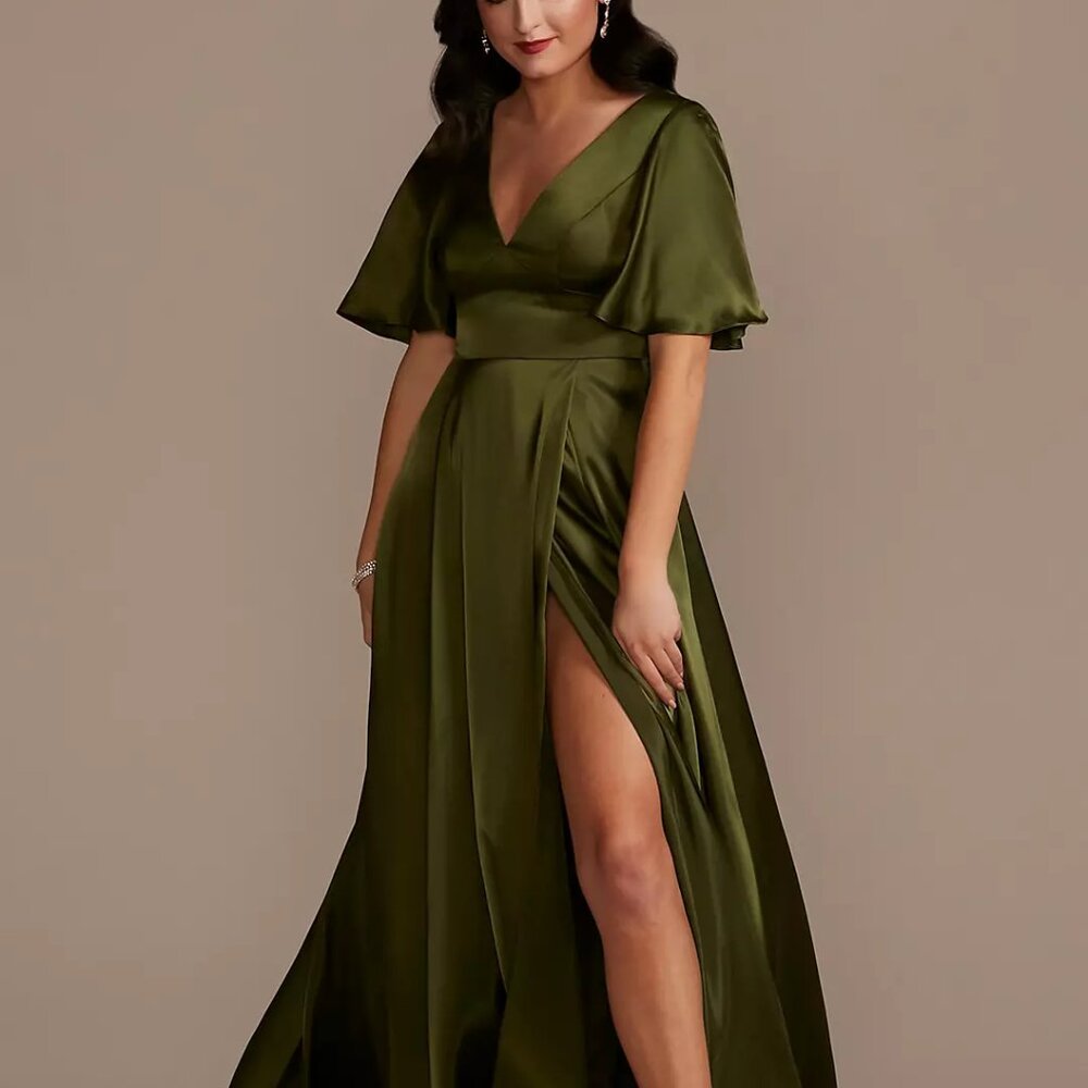 Davids Bridal | Galina Signature | Charmeuse Flutter-Sleeve A-Line Dress
